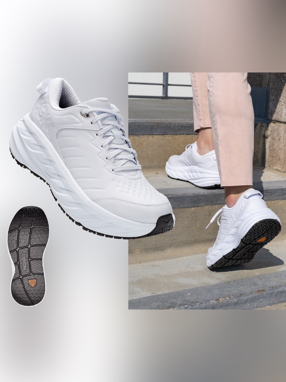 Hoka One One Bondi SR White Leather Work Shoes - Women's Size 6.5 (1110521)